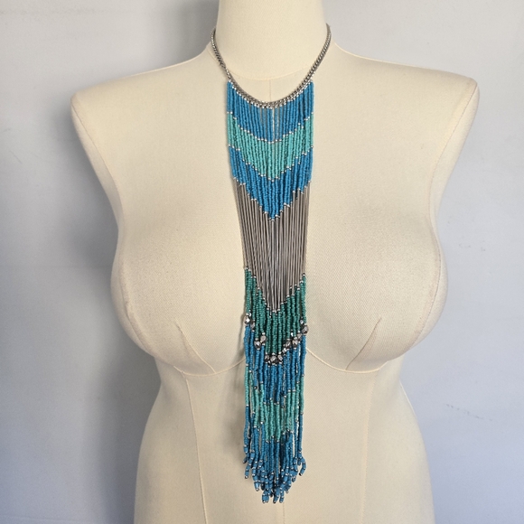 Fringe Beaded Long Necklace Eclectic Western Aztec‎ Tribal Edgy Boho Festival - Picture 1 of 6
